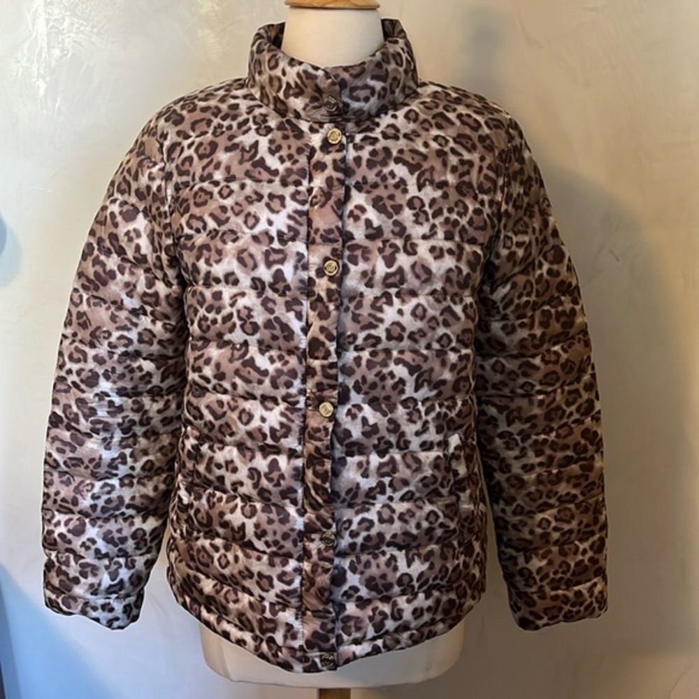 Bernardo Packable Puffer Brown & Cream Leopard Print Jacket lightweight Size M